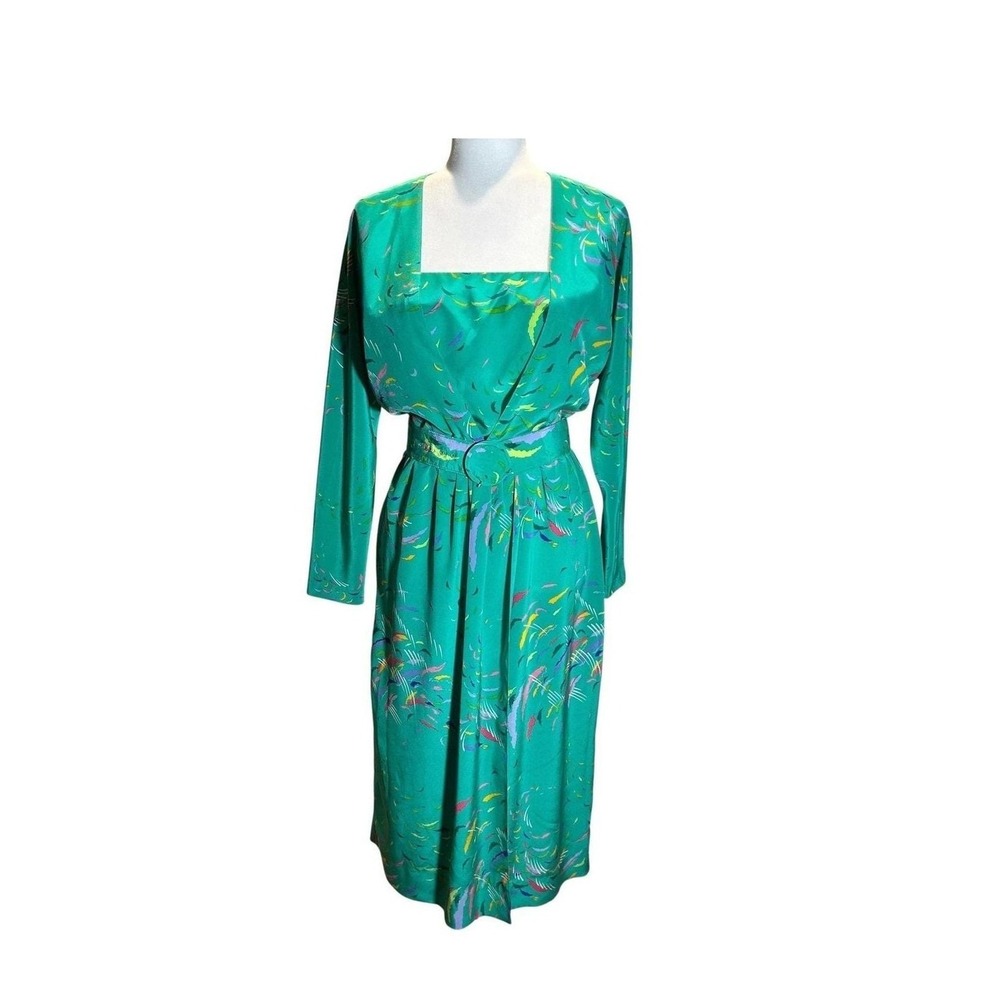 Vintage Victor Costa Satin‎ Green Dress 8 Back Cape Panel Maximalist Retro Glam